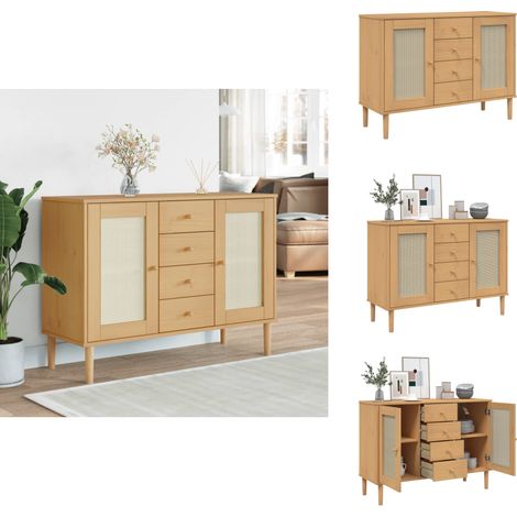 Buffet SENJA aspect rotin marron 112x40x80cm bois massif de pin - Buffet Design Moderne - Meuble Rangement - Commode Bois - Bibliothèque Murale - Meuble Salon (1/5)