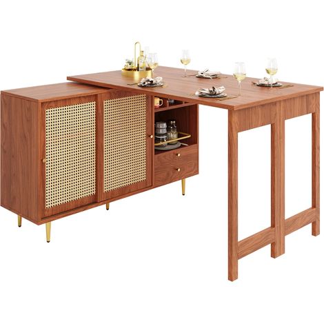 Table haute pivotante à 360° (corps principal: 107 x 40 x 71,4 cm), table haute marron au design extensible, meuble de rangement avec porte en rotin + étagère de rangement ouverte, adaptée à la cuisin (1/5)