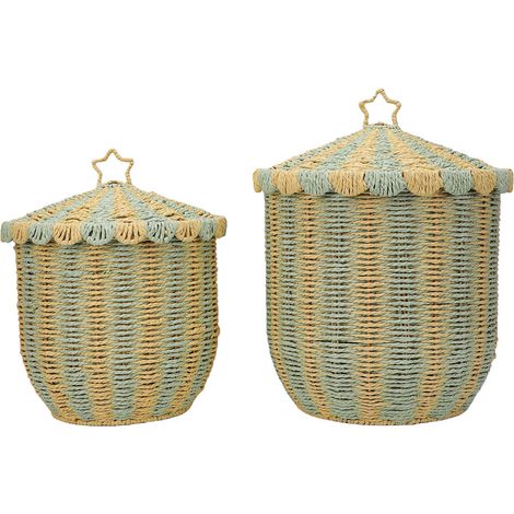 Lot de 2 paniers à linge en corde de papier, style vintage, tressés, avec couvercle, verts, grande et petite taille. (1/5)