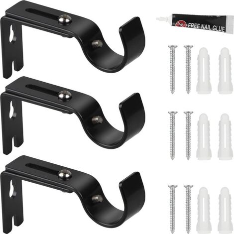 [NEVER USED]  Set of 3 adjustable metal curtain rod brackets, diameter: 20-25 mm, adjustable length: 3 cm, self-adhesive and drillable curtain rod bracket for home and office, black