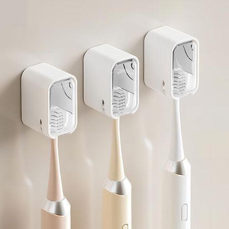 Set di 3 porta spazzolini da parete per il bagno, robusti porta spazzolini adesivi con coperchio, organizer per testine di spazzolino per tutta la famiglia. (1/5)