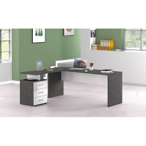 Bureau d'angle moderne blanc laqué brillant/ardoise Sévina (1/5)