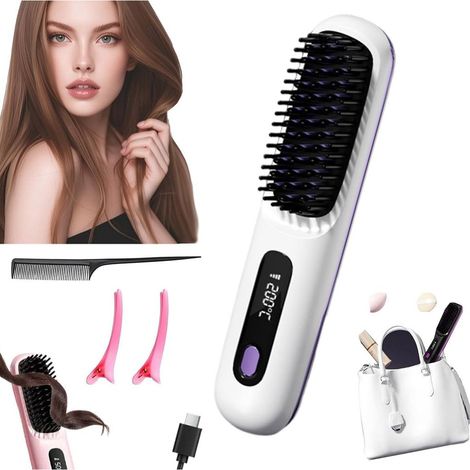 Kamm, Glätteisen, kabelloses Haarglättungsgerät und Lockenkamm 4-in-1, Ionen-Glätteisen, 3D-Kammzähne, 3 Temperaturstufen, Typ-C-Anschluss. (1/5)