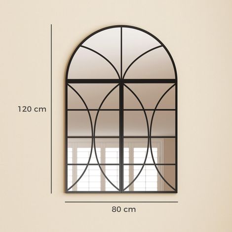 Miroir mural arqué 80 x 120 cm, lot de 3 pièces, miroir verrière en forme de fenêtre, verre trempé et métal, noir (1/5)
