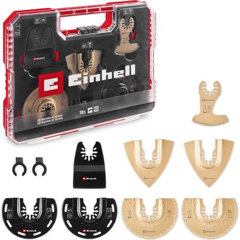 Originale Einhell Set multiutensile XL-PLUS-CASE da 10 pezzi (lama semitonda HCS, lama semitonda TCS, raspa a delta TCS, lama a segmenti TCS, raschietto rigido, adattatore Dremel)