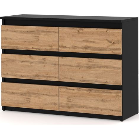 Commode 6 tiroirs 100 cm noir mat chêne wotan – Construction robuste – Ouverture sans poignée – Meuble sur pied pour salon ou chambre