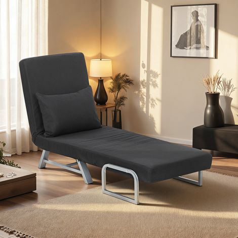 Fauteuil chauffeuse canapé-lit Convertible inclinable 1 Place Coussin lombaires accoudoirs piètement métal Lin Noir (1/5)