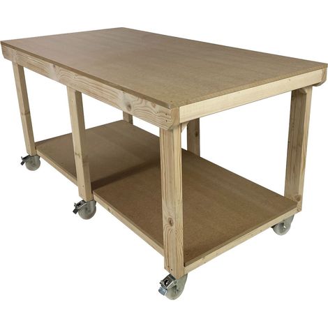 Workbench MDF top, large heavy-duty table (H-90cm, D-90cm, L-240cm) with wheels
