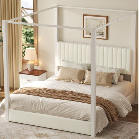 Cama con dosel moderna 180x200 cm, terciopelo beige y blanco, MDF y metal, con cabecero acolchado y somier de láminas (1/5)