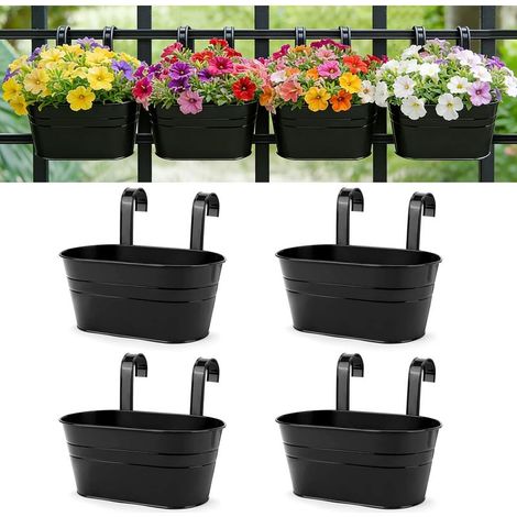 Pots de Fleurs Pots de Fleurs à Suspendre en Fer en Métal Pots de Jardin Jardinières de Balcon Seau en Métal Porte(4 PCS) (Noir) (1/5)
