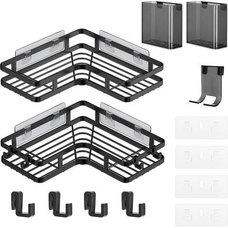 2 étagères de douche sans perçage, étagère d'angle noire pour salle de bain avec seau à dentifrice et porte-rasoir, étagère de rangement épaisse antirouille pour salle de bain, cuisine et balcon (1/5)