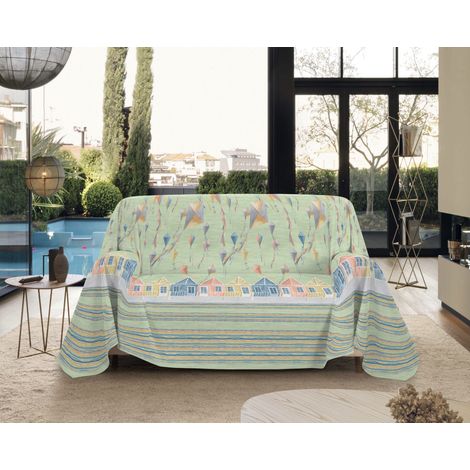 Telo Arredo Made in Italy in Cotone Grandfoulard Copritutto Copridivano Copriletto-Teli Sofà Arredatutto-Drappeggio-Arazzo-Copridivano Grand Foulard Letto Singolo - Aquiloni Verde (1/4)