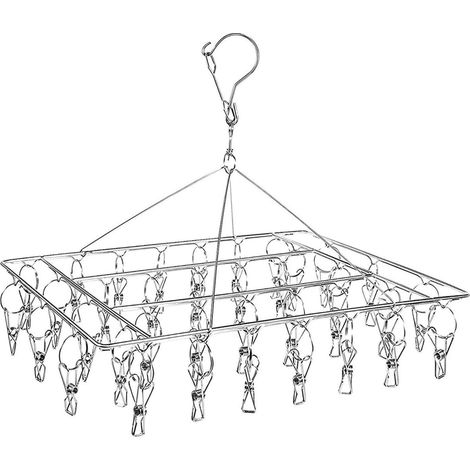 1 Étendoir à linge, 30 pinces, métal et plastique PP, pliable, rotation 360°, crochet coupe-vent, pour chaussettes et lingerie (1/5)