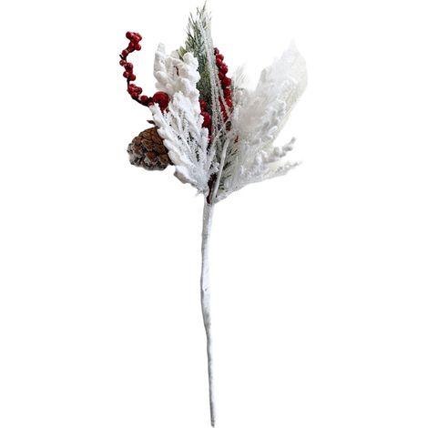 Ramo verde decorazione natalizia con bacche e pigne innevato h 40 cm