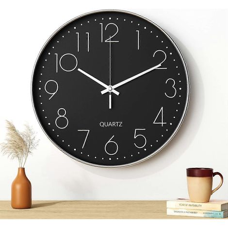Horloge murale, 30 cm (12 pouces), moderne et silencieuse, mouvement à quartz, design minimaliste noir, idéale pour le salon, la cuisine, le bureau ou la chambre (argentée). (1/5)