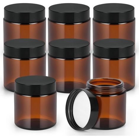 Dailygoods - Tarros de vidrio de 120 ml - Color ámbar - Tapas negras - Juego de 8 - Vidrio resistente - Protección UV - Tarros de almacenamiento (1/5)