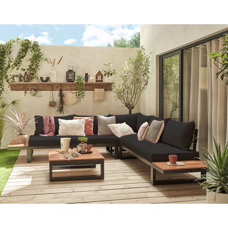Bestmobilier – Salon de jardin modulable 5 places – Structure en métal et bois acacia – Coussins déhoussables résistants aux intempéries – Table rectangulaire 80x80cm