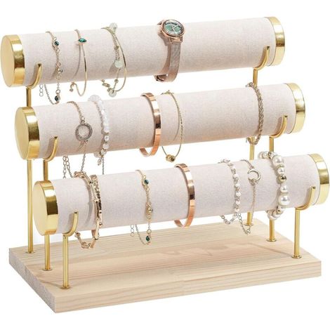 Bardusch-Support de bracelet T 3 étages, velours base bois pour bracelets pinces cheveux montres beige (1/5)