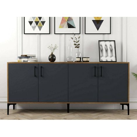 Dmora - Credenza Agape, Buffet da soggiorno, Madia da salotto, Dispensa da cucina, 180x35h78 cm, Noce e Antracite (1/5)