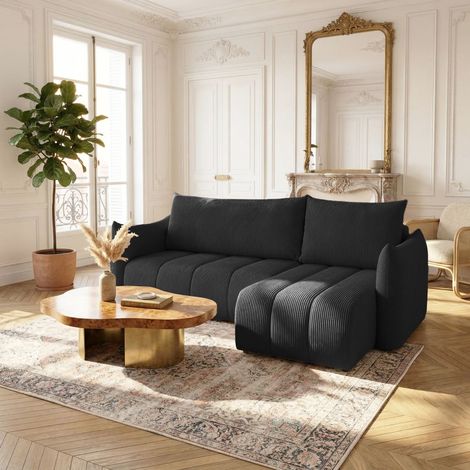 Ecksofa Schlafsofa ONTARIO XS in Stoff Poso Schwarz Ottomane Rechts