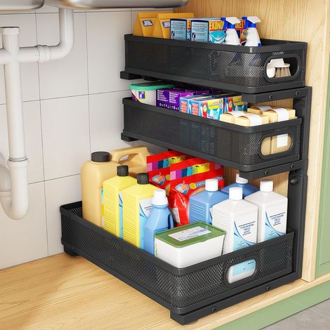 LEDANDER Organisateur sous évier–Lot de 1–Étagère coulissante à 3 niveaux en métal renforcé–Tiroir de rangement coulissant pour salle de bain, cuisine (1/5)