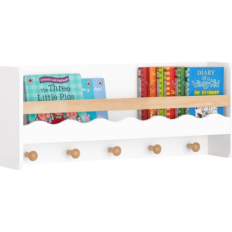 SoBuy KMB78-W Étagère Murale, Étagère de Rangement Suspendue, Porte-manteau pour Enfants, Étagère à Livres, Bibliothèque Murale avec 1 Étagère et 5 Crochets (1/5)