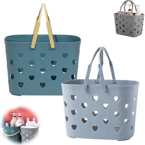 Lot de 2 paniers de douche en plastique - Panier de douche portable - Panier de rangement en plastique avec poignée - Bleu, Gris - 24,5 x 16 x 17 cm - Convient pour les salles de bain, les chambres d' (1/5)