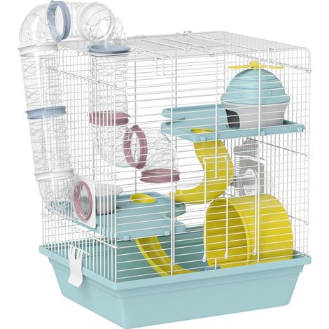 Gabbia per Criceti a 3 Livelli 34,5x27,5x41 cm 12 Tubi con Casetta Rampa e Accessori in Metallo e Plastica Grigio (1/5)