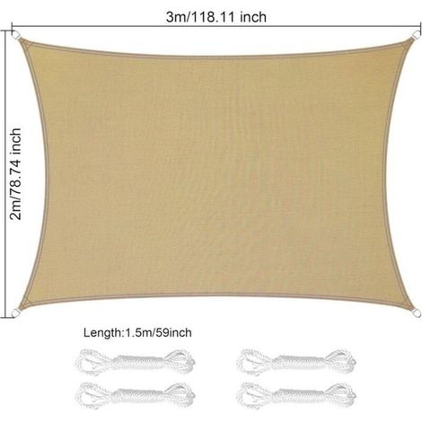 Rechteckiges und dreieckiges Sonnensegel aus PES-Polyester, wasserdicht mit UV-Schutz (2x3m, sandfarben). (1/5)