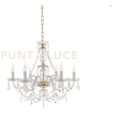 LAMPADARIO OPERA 6 LUCI TRASPARENTE E ORO ATTACCO E14 VETRO E CRISTALLO D.72cm