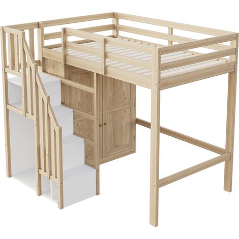 Letto a soppalco 90 x 200 cm con scala contenitore e armadio, legno naturale (1/5)