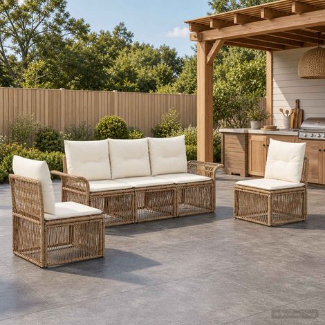 Salon de jardin 5 pièces en polyrotin beige, canapé modulable avec coussins lavables - PANGIVO (1/5)