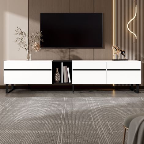 Mueble para TV 180x35x45 cm - con compartimento abatible, estantes abiertos y doble puerta - minimalista - blanco (1/5)