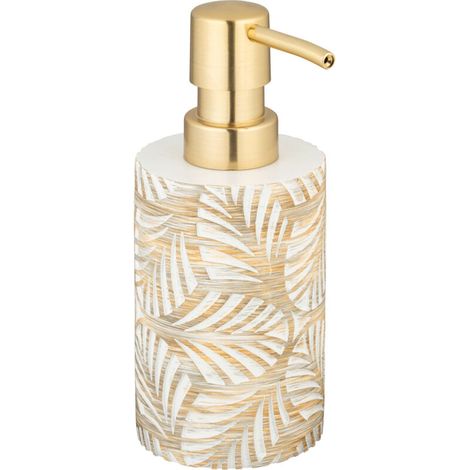 Distributeur de savon polyresin 490ml – Gobelet salle de bain 7cm – Motif feuilles et accents dorés – Ensemble 2 pièces élégant