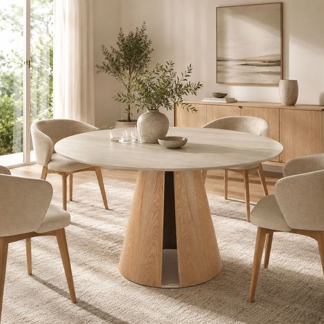 Table à manger ronde 120x76 cm en céramique beige et bois d'hévéa (1/5)