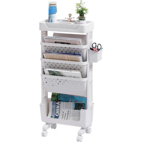 5-stöckiger Aufbewahrungswagen – Robustes Kunststoffmaterial – Mobil mit Rollen und Griff – Für Bücher, Küche, Bad – Weiß, 38 x 18 x 86 cm (1/5)