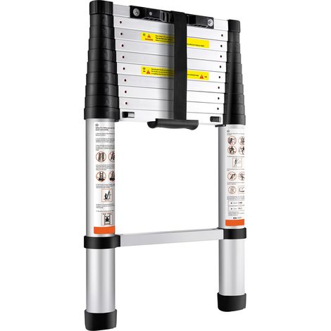 Échelle télescopique 320 cm, aluminium, rétraction automatique à un bouton, capacité 170 kg, pieds antidérapants, compacte et portable pour maison, camping-car, mezzanine, certifiée ANSI. (1/5)