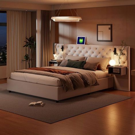 Cadre de lit coffre 140x200 cm velours beige avec rangement hydraulique, 2 tiroirs et LED (1/5)