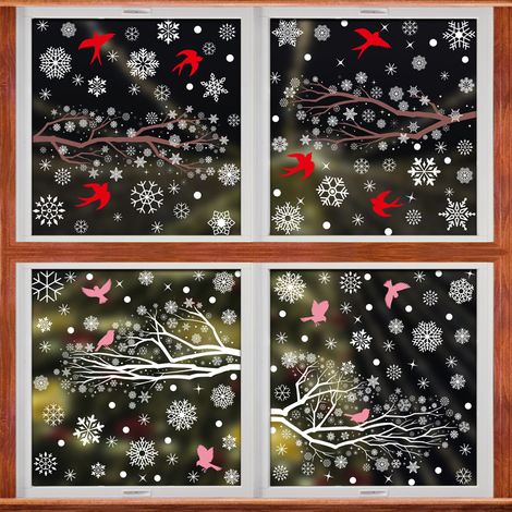 Autocollants pour fenêtre flocons de neige blancs et branches d'arbre, autocollants scène de forêt enneigée avec colibris, décorations de Noël hivernales, décorations de fenêtre statiques, anti-collis