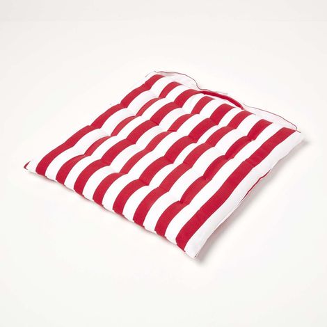 HOMESCAPES Red Stripe Seat Pad with Button Straps 100% Cotton 40 x 40 cm