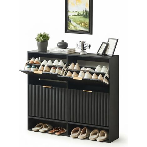 ELVMI Mueble zapatero con 2 puertas abatibles, baldas regulables y compartimento abierto para recibidor, negro (1/5)