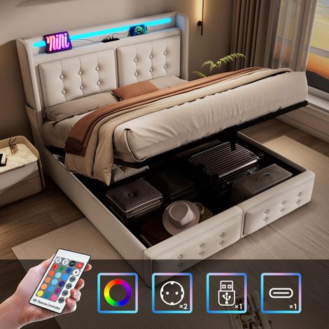 Lit rembourré 180x200, lit double avec tête de lit LED et port USB-C, sommier hydraulique à lattes en bois et cadre en métal, charge maximale 300 kg, beige, coton (1/5)