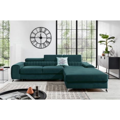 - Canapé d'angle convertible en tissu velours Luxe vert, 5 places, angle droit (vu de face) - GRECE VELOURS (1/5)