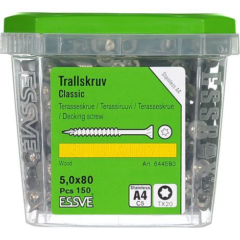 Tornillos para tarimas de madera ESSVE CLASSIC resistentes a los ácidos, tamaño A4, 5,0 x 80 mm, 150 unidades. (1/2)