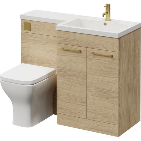 Napoli 460 Light Oak 1100mm 2 Door Vanity Unit Toilet Suite with Right Hand Square Lucia Basin - 1100mm - Brushed Brass 160mm HandleWith Kingston Toilet Pan and Seat