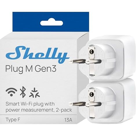 Shelly Plug M Gen3 Blanco – Enchufe inteligente Matter y Wi-Fi, 13 A (3000 W), Tipo F, Con medición del consumo eléctrico, Compatible con Alexa, Google Home y Apple HomeKit - Pack de 2