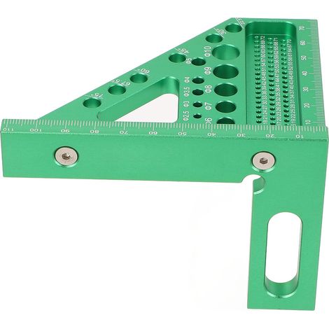 Équerre multifonctionnelle 3D multi-angles, verte, avec graduation métrique et goupille de positionnement. (1/5)