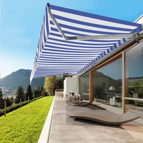 TolleTour 350x300cm Sonnenmarkise Gelenkarmmarkise Aluminium Markise Klemmarkise mit Handkurbel Balkonmarkise Sonnenschutz Blau Weiß
