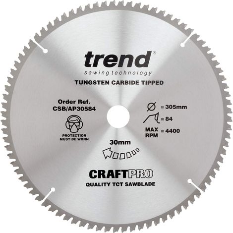 Trend Lama per sega circolare CraftPro TCT per piano di lavoro in alluminio e plastica, diametro 305 mm x 84 denti x foro 30 mm, punta in carburo di tungsteno, CSB/AP30584