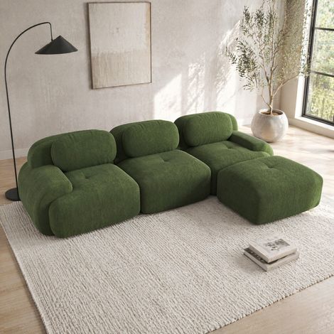 Canapé d’angle modulaire en velours côtelé vert, sans montage, structure sans cadre (1/5)